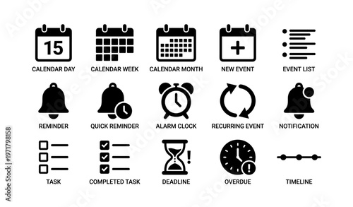 Calendar and notification icons set for events and reminders