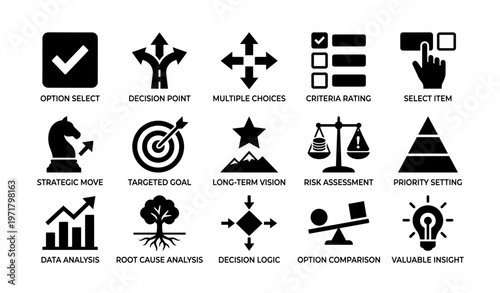 Business strategy icons: decision-making, risk assessment, and priority setting