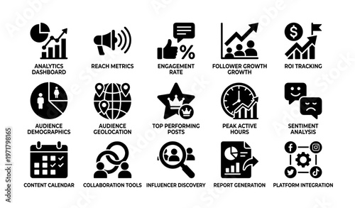 Social media analytics dashboard icons for influencer engagement and growth