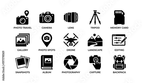 Camera equipment icons including lens, tripod, drone, and memory card
