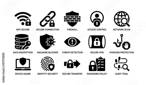 Cybersecurity icons: secure connection, firewall, data encryption, identity security, malware blocker