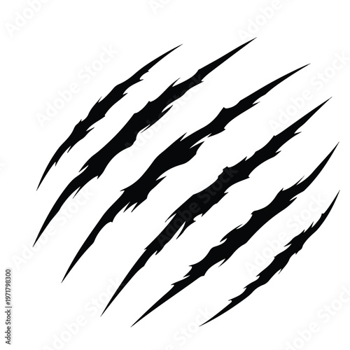 A dynamic graphic depicting multiple sharp, black claw marks scratched across a clean white circular background, conveying a fierce and aggressive energy