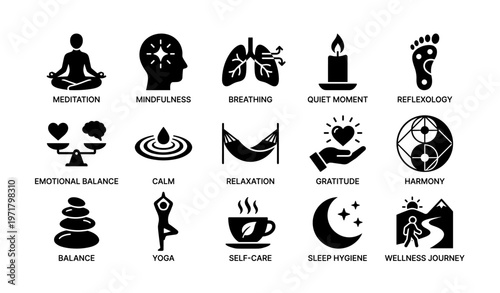 Wellness icons depicting meditation, mindfulness, and relaxation concepts