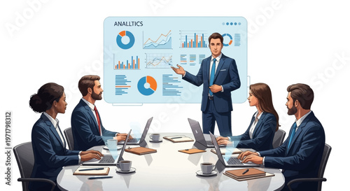 During a business presentation in a modern office, a confident businessman points to data charts and graphs displayed on a screen, while his diverse team listens attentively with laptops