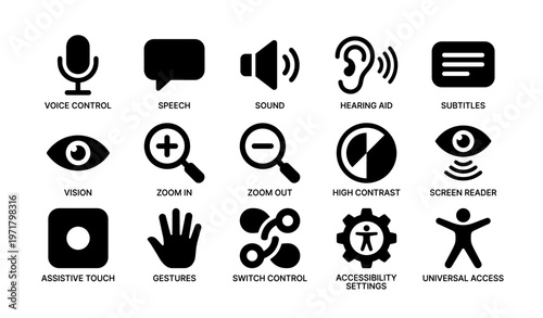 Accessibility icons: voice control, speech, hearing aid, vision, gestures, universal access