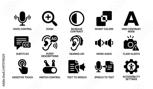 Accessibility icons set featuring voice control and assistive touch
