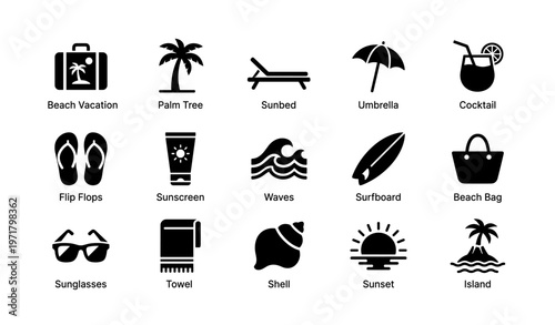 Summer icons collection: beach vacation, palm tree, sunbed, cocktail, sunset