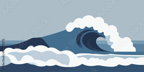 Large wave crashes onto the shore with foam and water splashes in a coastal setting