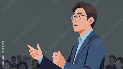 Man gives a speech in front of an audience at a conference event held in a large indoor space during the day