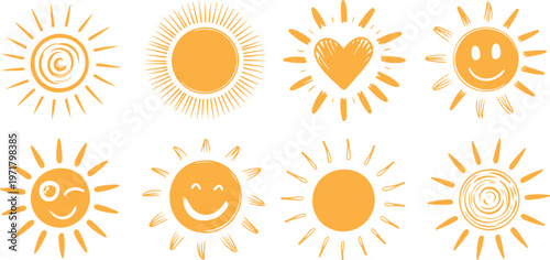 Minimal drawn sun icon set, clean line art vector collection of sunlight, sunny weather, rays, and nature symbols