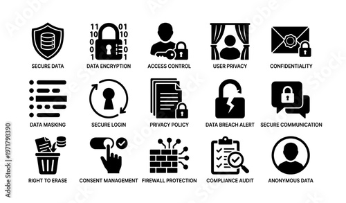 Cybersecurity icons featuring data protection, user privacy, secure communication