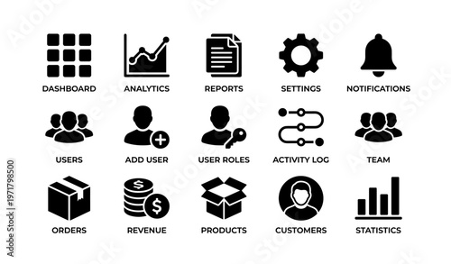 Dashboard icons: analytics, reports, settings, notifications, users, activity log, orders