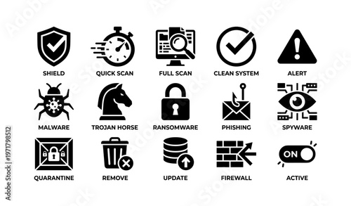 Cybersecurity icons: virus protection, system safety, malware alerts