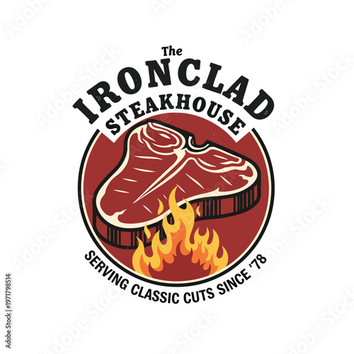 Circular Juicy Steak Emblem With Flames.