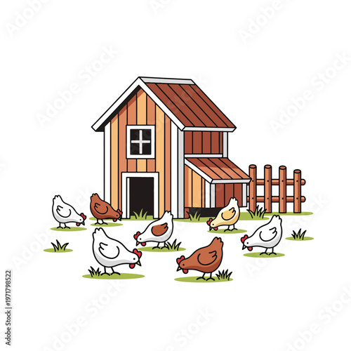 Chickens Milling Around a Wooden Coop Outdoors.
