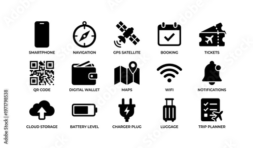 Travel and technology icons set featuring smartphone, gps, and digital wallet