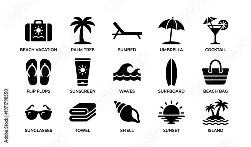 Beach icons set: vacation, palm tree, sunbed, umbrella, cocktail, flip flops, sunscreen, waves, surfboard