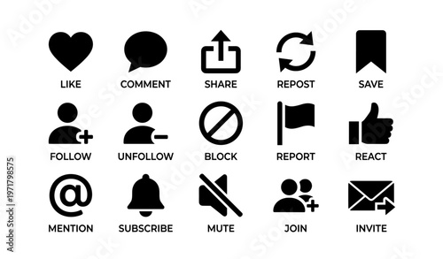 Social media icons collection: like, comment, share, and more functions