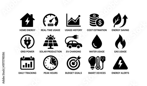 Energy and utility management icons including solar, ev, and smart devices
