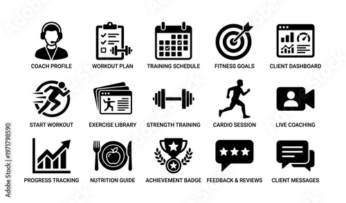 Fitness coaching icons set: exercise, goals, nutrition, progress tracking, strength training
