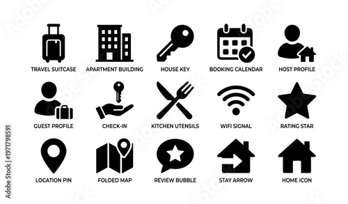 Travel and accommodation icon set: suitcase building key calendar utensils wifi
