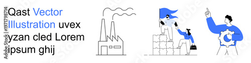 Industry, teamwork, logistics, innovation, business management, corporate strategy. Factory with chimneys, team climbing boxes person holding a gear. Industry and teamwork concept