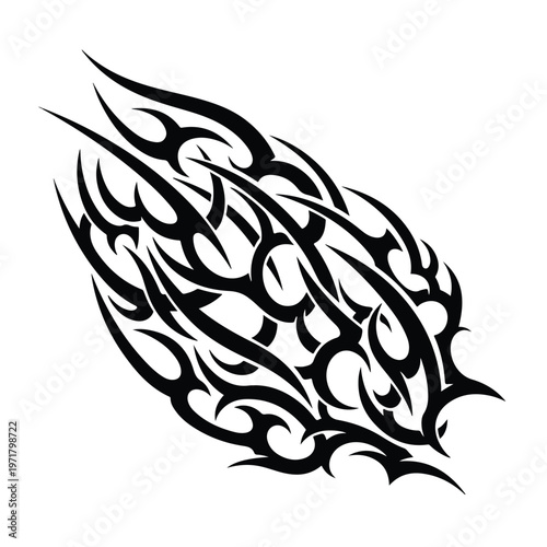 Detailed black tribal tattoo design with sharp, flowing lines, resembling flames and abstract shapes, isolated on a clean white background for graphic applications