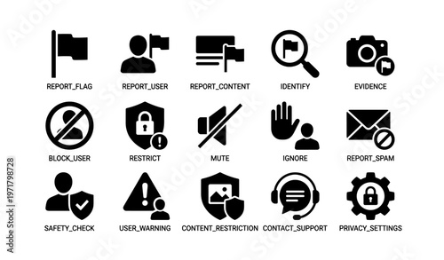 Icons for reporting, blocking, and privacy features in user interface design