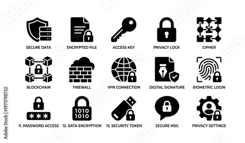 Secure data icons: encryption, blockchain, vpn, biometric login, privacy settings