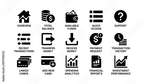 Financial dashboard icon collection: transactions, analytics, balance, support, access