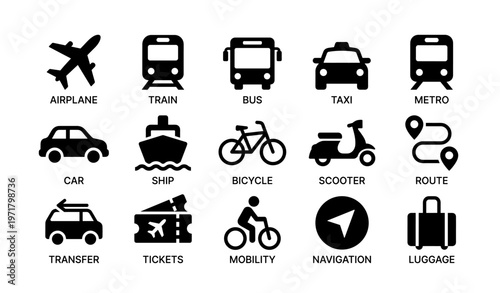 Transportation icons collection featuring various modes and travel symbols