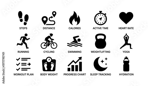 Fitness icon set: steps, tracking, exercise, and health symbols