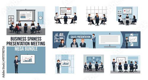 A diverse team of business professionals is shown attending a presentation within a modern office setting, depicted in a flat illustration style that conveys a collaborative and informative
