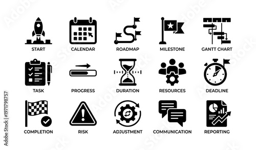 Project management icons: start, calendar, roadmap, milestone, and gantt chart