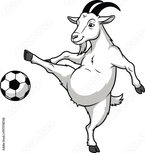 Goat kicking a soccer ball with one leg raised high