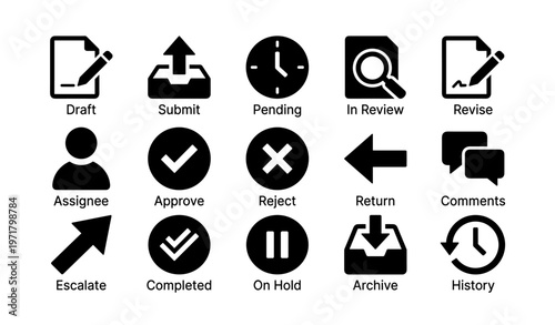 Set of 16 black office workflow and status icons