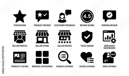 E-commerce icons for ratings, reviews, and listings management