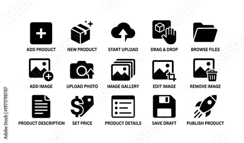 E-commerce interface icons for product management and file handling