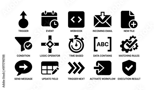 Automation icons: workflow, conditions, and data triggers for efficient task management