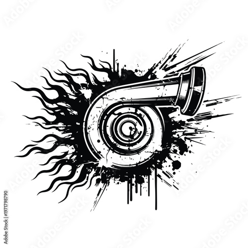 A stylized turbocharger graphic with abstract fiery flames and ink splatters, rendered in a bold black and white grunge aesthetic against a white background