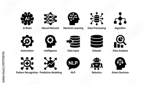 Icons of ai machine learning robotics and data processing systems