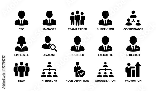 Business role icons collection featuring male and female silhouettes