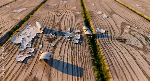 Weathered wooden planks with peeling white paint and green moss growing in cracks