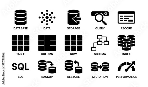 Database icons: storage, query, schema, sql, performance