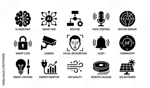 Smart home technology symbols for ai, security, energy, and automation