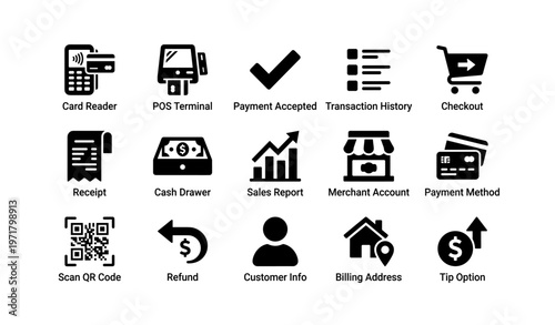 Point of sale elements: card reader, pos terminal, payment icons, checkout, e-commerce symbols