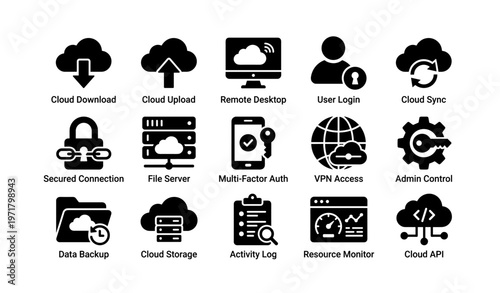 Cloud computing icons: download, upload, security, vpn, api, storage