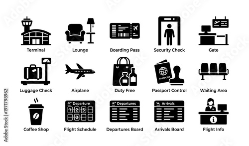 Airport icons: terminal, security, passport control, airplane, coffee