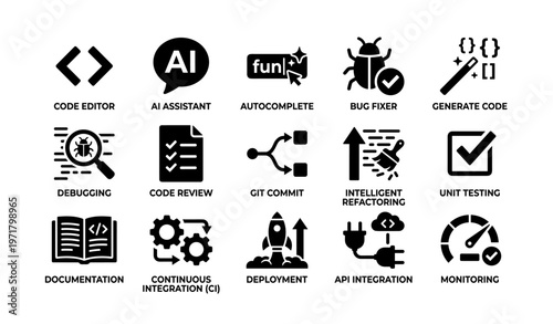 Software development tools and processes icons for efficient coding workflow