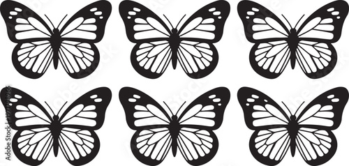 Minimalist butterfly vector silhouettes with smooth line consistency showcasing varied wing shapes for decorative and natural themed designs